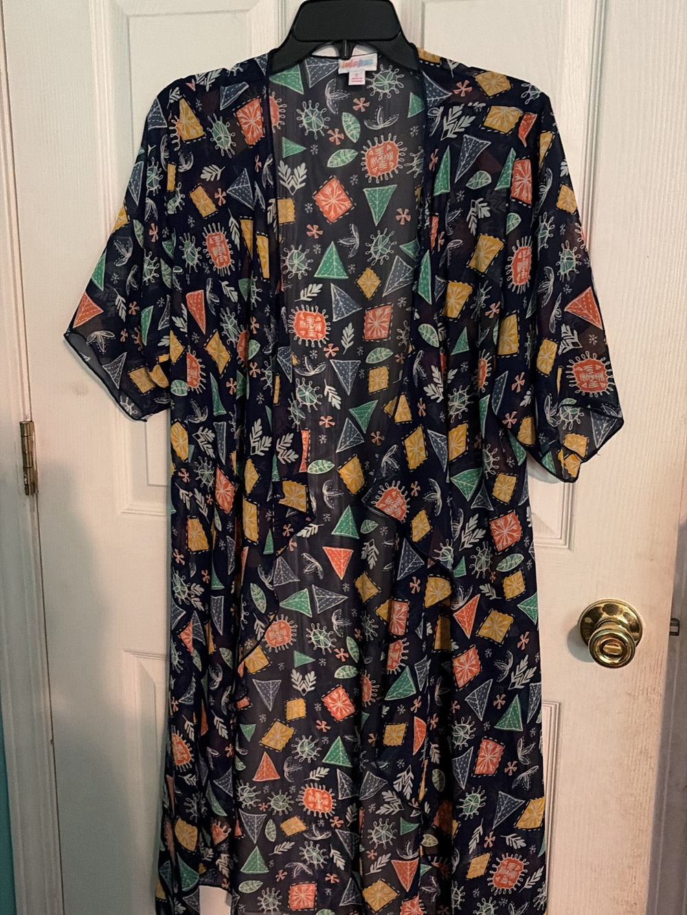 LuLaRoe Navy Sheer Geometric Duster with Multi-Color Motifs
